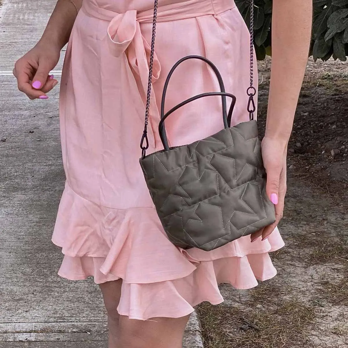 bag, pink bag, leather bag, crossbody bag, mini skirt, ruffle