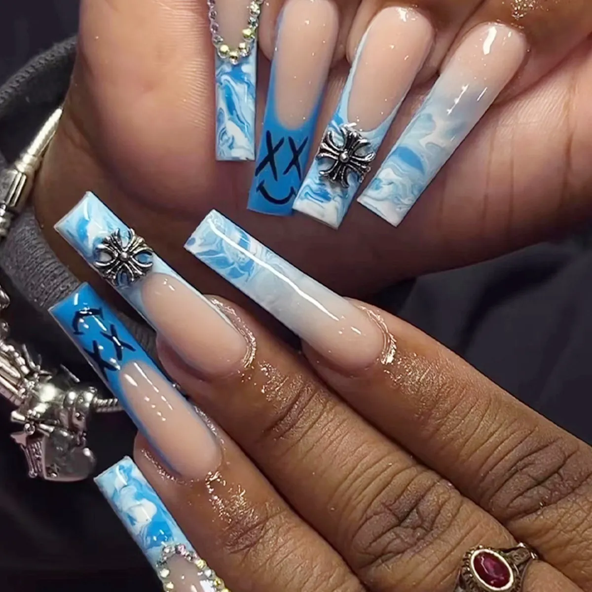 Gothic Elegance: Blue Gradient Nail Design